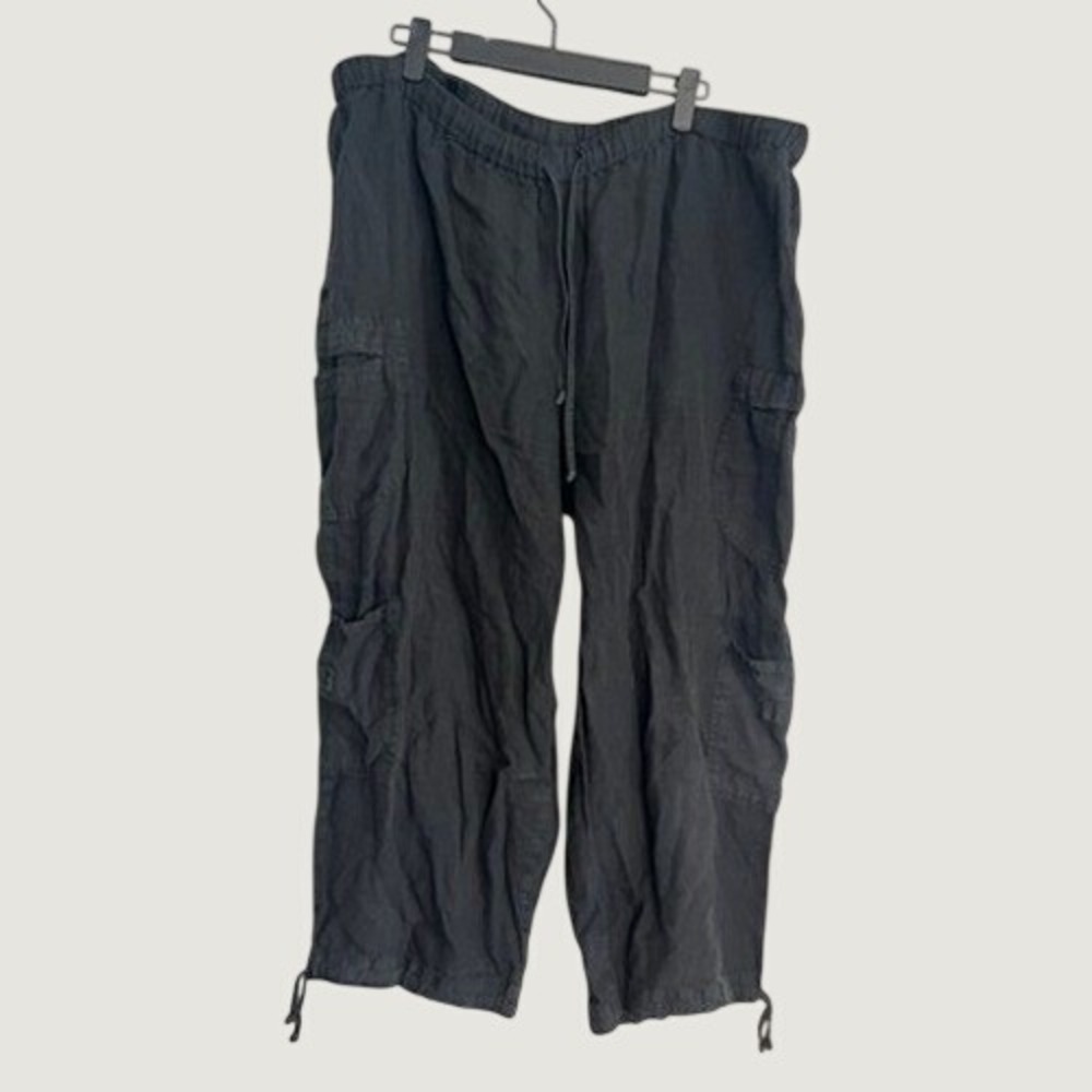 FLAX 100% Linen Cargo Pants Black Drawstring Crop Utility Trousers Boho Granola